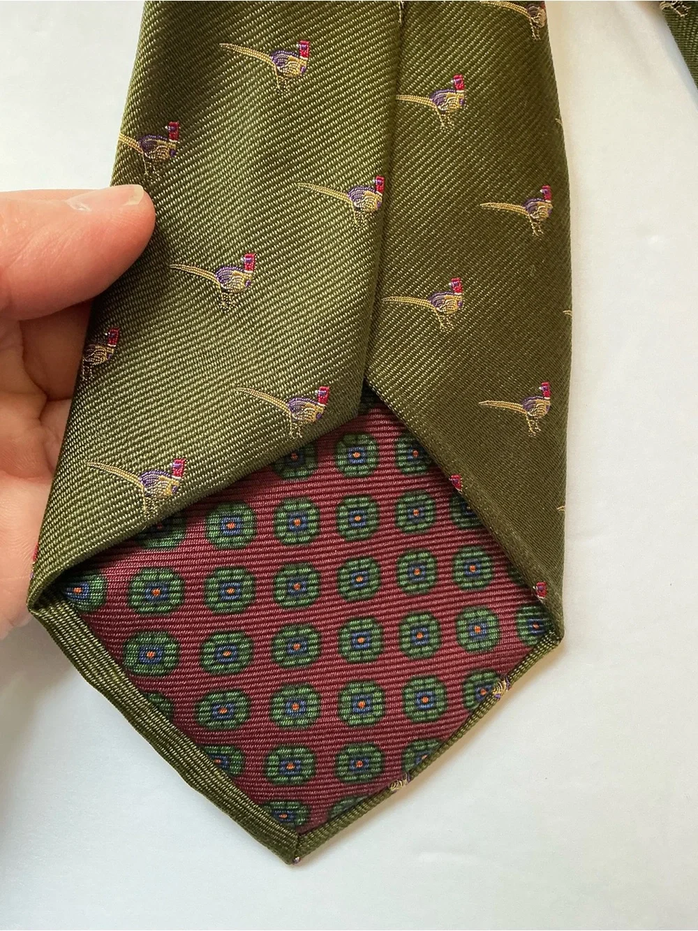 Polo Ralph Lauren Green Silk Necktie, Pheasants, Hunting, Made in Italy